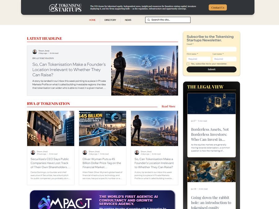 Tokenising Startups website homepage
